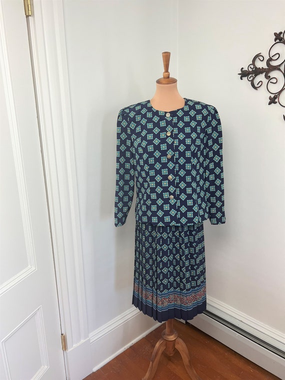 L - Vintage Navy Blue Skirt Set Moroccan Print 19… - image 2