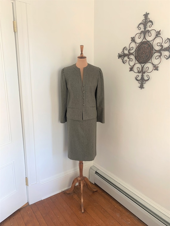 M - Vintage Brown Plaid Wool Skirt + Blazer Set J… - image 1