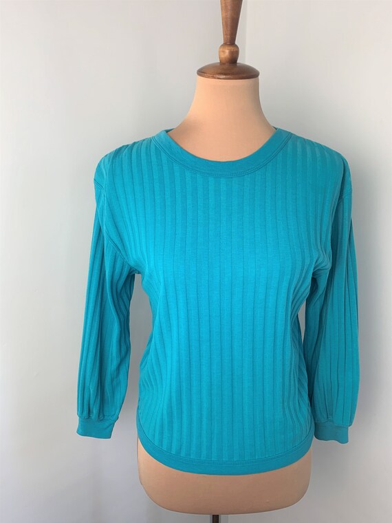 S - M - Vintage Ribbed Casual Top Teal Shirt Step… - image 3