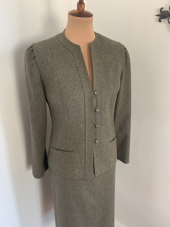 M - Vintage Brown Plaid Wool Skirt + Blazer Set J… - image 4