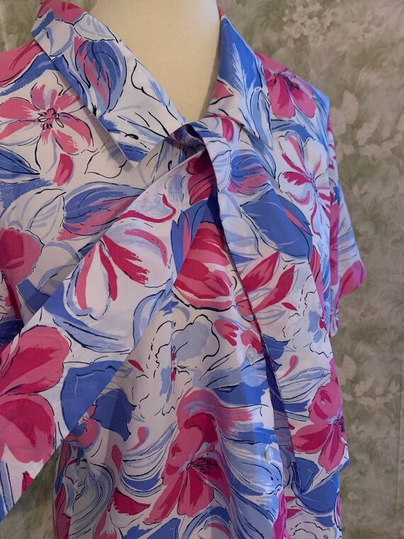 M - Women's 1990s Floral Blouse White Pink + Purp… - image 4