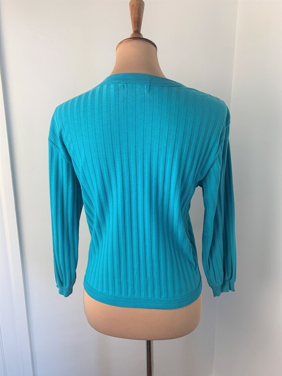 S - M - Vintage Ribbed Casual Top Teal Shirt Step… - image 6