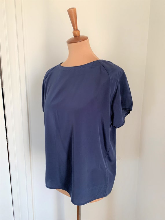 M - Vintage Navy Blue Short Sleeve Blouse 1990s I… - image 3