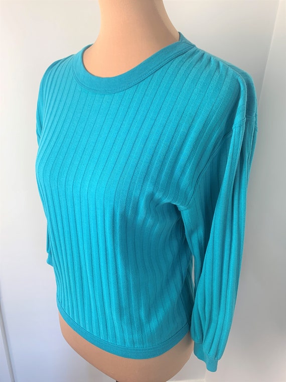 S - M - Vintage Ribbed Casual Top Teal Shirt Step… - image 4