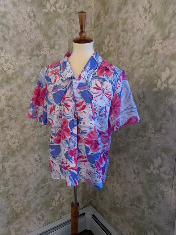M - Women's 1990s Floral Blouse White Pink + Purp… - image 3