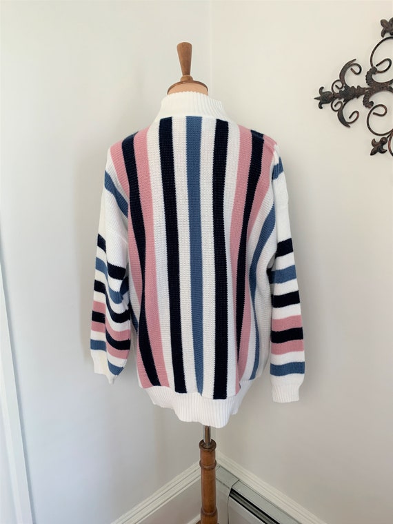 L - Vintage Striped Sweater White Blue + Pink Pri… - image 6