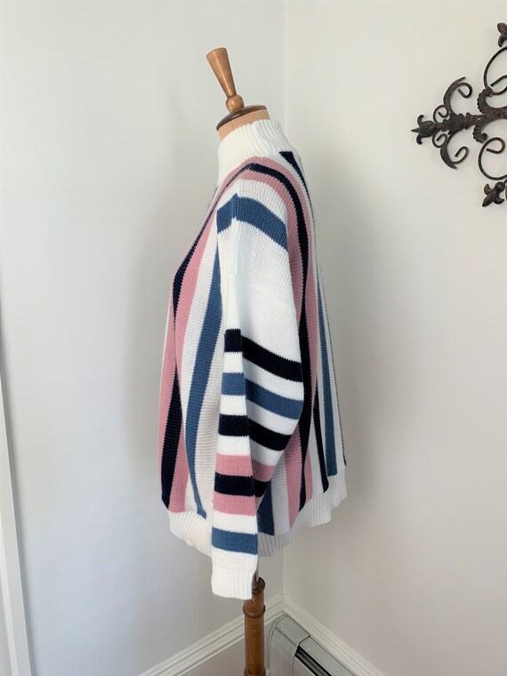 L - Vintage Striped Sweater White Blue + Pink Pri… - image 5