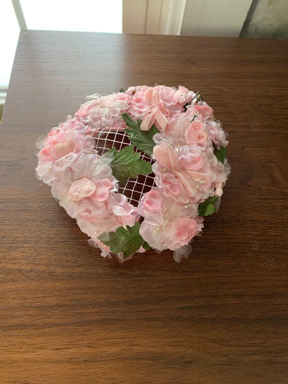 Vintage Fascinator Hat Floral Pink + Green 1950s 1