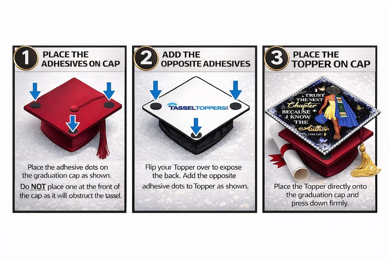 The image is a step-by-step guide with three images showing the process of placing a Topper on a graduation cap.
