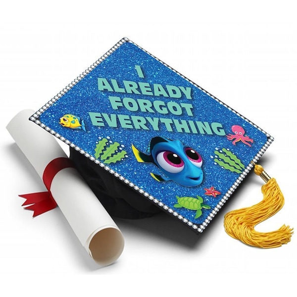 Adorno para birrete de graduación con estampado "Olvidé todo", "Buscando a Nemo", decoración inspirada en la graduación de Tassel Toppers.