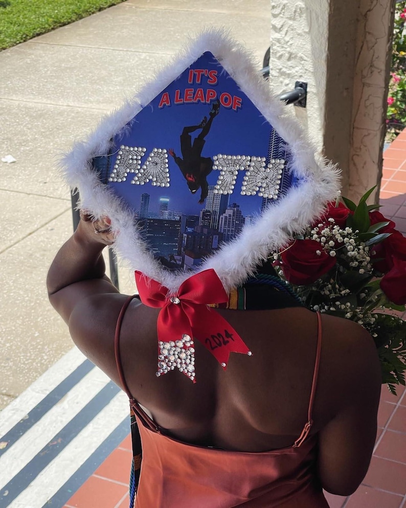 Its a Leap of Faith Spiderman Inspired Graduation Decor by Tassel Toppers. Grad Cap Topper image 5
