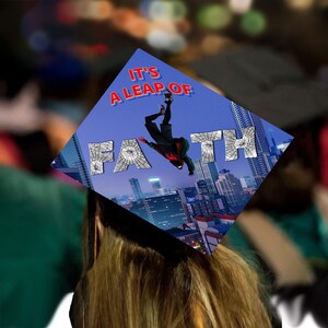 Its a Leap of Faith Spiderman Inspired Graduation Decor by Tassel Toppers. Grad Cap Topper image 2