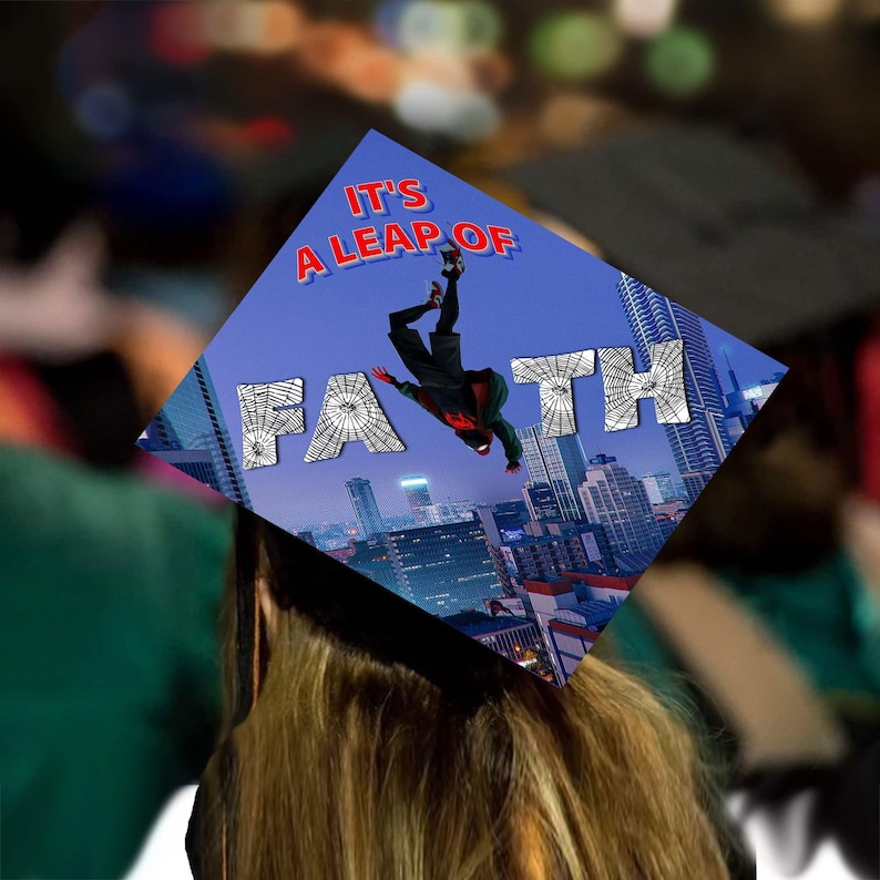 Its a Leap of Faith Spiderman Inspired Graduation Decor by Tassel Toppers. Grad Cap Topper image 2