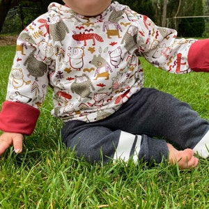 Red Burgundy Woodland Animals Reversible Sweatshirt Hoodie, Kids soft double layer sweatshirt, Kids Clothes, Long Sleeved Top, Creatures
