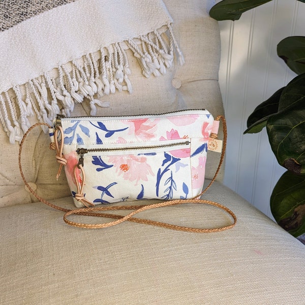 Pink White Watercolor Flowers Zippered Mini Crossbody Bag, Flower Print, Simple Small Purse, Flat Bottom Wallet, Brass Zippers, Gift for Her