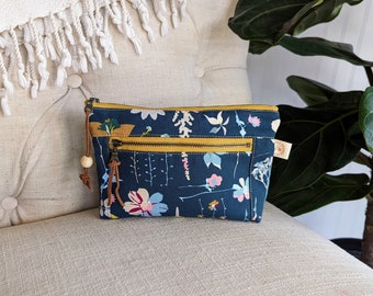 Navy Gold Flower Print Zippered Wristlet Clutch, Makeup bag, Simple Small Zipper Bag, Flat Bottom Zip Bag, Brass Zippers, Gift for Her