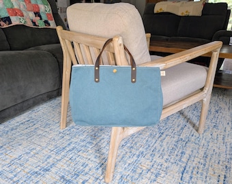 Große hellblaue Bibeltasche mit Ledergriffen / Geschenk für Sie / Büchertasche Tote / Frauen Bibeltasche / Christliches Geschenk / Bibelstudientasche