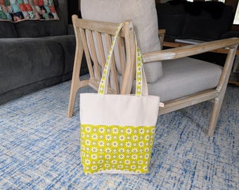 Lime Green Flowered Tote Bag, Large Spring Tote Bag, Shoulder Bag, Library Bag, Diaper Bag, Shoulder Purse, Flowered Simple Purse