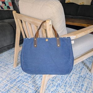 Large Dark Navy Blue Bible Bag with Leather Handles / Gift for Her / Book Bag Tote / Women's Bible Bag / Christian Gift / Bible Study Bag
