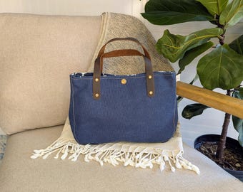 Dark Navy Blue Bible Bag with Leather Handles / Gift for Her / Small Book Bag Tote / Women's Bible Bag / Christian Gift / Bible Study Bag