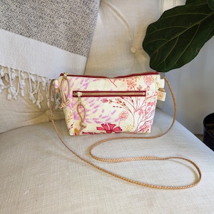 Cream Pink Purple Flowers Zippered Mini Crossbody Bag, Flower Print, Simple Small Purse, Flat Bottom Wallet, Brass Zippers, Gift for Her