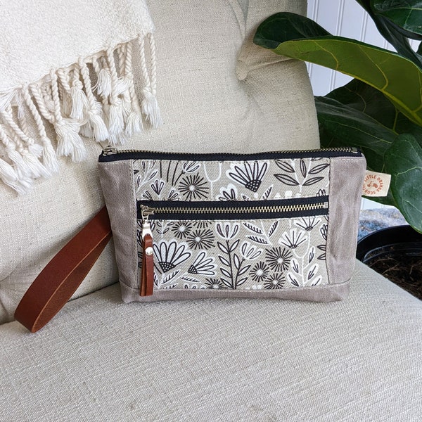 Gray Flowered Zippered Clutch, Removable Leather Wristlet, Makeup bag, Simple Small Zipper Bag, Minimalist Women's Wristlet, Gift for Her