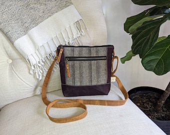 Purple Wool Crossbody Bag, Adjustable Leather Strap, Warm Wool, Small Purse, Zippered Simple Bag, Small Crossbody Brass Zipper, Gift for Her