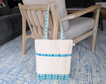 Blue Teal and Cream Circles Tote Bag, Large Spring Tote Bag, Shoulder Bag, Library Bag, Diaper Bag, Shoulder Purse, Bright Teal Simple Purse