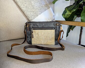 Gray Tan Wool Sling Bag, Adjustable Leather Strap, Warm Wool, Crossbody Sling Bag, Zippered Bag, Small Slim Zippered Bag, Gift for Her