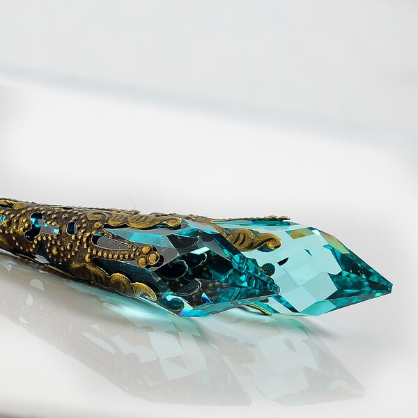 Aqua Icicle Crystal Earrings, Bronze Filigree, Antique Green Crystal Icicle Earrings, Victorian Earrings, Fantasy Jewelry, Swarovski Crystal
