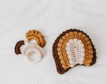 Baby boho wooden teething toy set / natural wooden baby toys / rainbow baby rattle set  / cotton crochet wooden ring teether