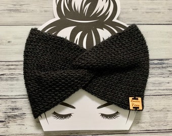 Black knitted ear warmer, head band zig zag closure, twist ear warmer adult sized fall and winter accessory mom bun messy hair