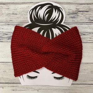 Red knitted ear warmer, head band zig zag closure, twisted ear warmer adult sized fall and winter accessory mom bun messy hair harvest red