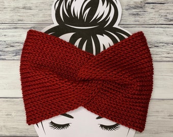 Red knitted ear warmer, head band zig zag closure, twisted ear warmer adult sized fall and winter accessory mom bun messy hair harvest red