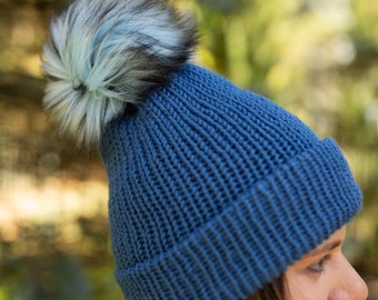 Folded brim country blue beanie with blue faux fur pom pom, warm knit winter torque double wall adult Men’s, women’s, teens, pre teen gift