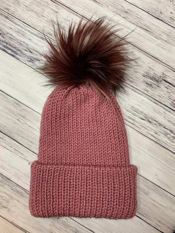 Dusty Rose Fall Hat Beanie With Faux Fur Pom Pom Knit Beanie