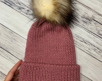 Dusty rose fall hat , beanie with faux fur pom pom knit beanie double brim folded brim warm winter torque marshmallow bobcat pom pom