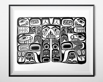 Native Print, 16x20 Poster INSTANT DOWNLOAD, Haida Tribal Printable Art, Tribal Faces, Black & White Decor, Totem Animal Pacific Northwest