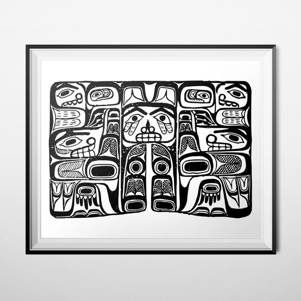 Native Print, 16x20 Poster INSTANT DOWNLOAD, Haida Tribal Printable Art, Tribal Faces, Black & White Decor, Totem Animal Pacific Northwest