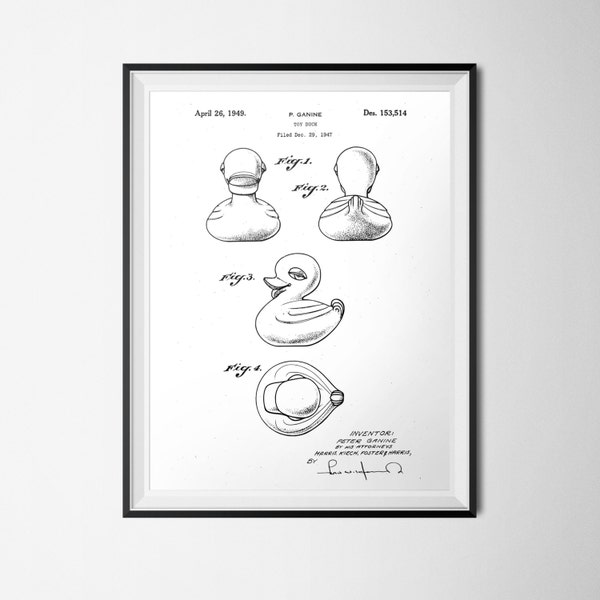 Patent Print, Vintage Illustration Rubber Ducky Poster, Black & White Bathroom 8x10 11x14 16x20, 18x24 24x30 Poster, Rubber Duck Patent