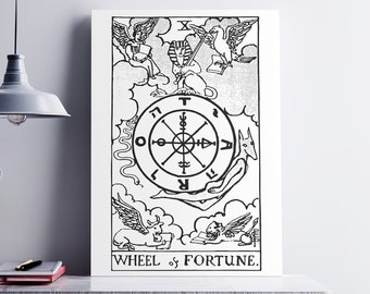 The Wheel of Fortune Print, Tarot Card Poster, Rider-Waite, Mystic Decor, Black White Minimalist 8x10 11x14 16x20 18x24 24x30 Karma Luck