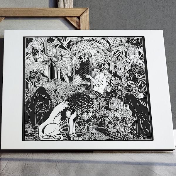 Lion Print, Orpheus Playing for the Animals Print, Jungle  Print, Black White 5x7 8x10 11x14 16x20 18x24 24x30 Art Deco