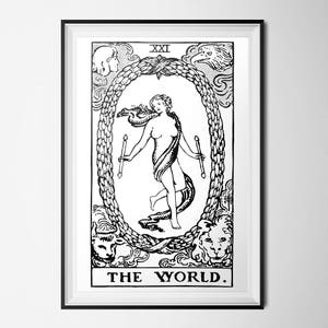 Tarot Card Poster, The World Print, Rider-Waite, Positive Energy, Mystic Decor, Black White Minimalist Decor 8x10 11x14 16x20 18x24 24x30