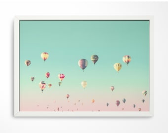 Hot Air Balloon Pink Green Sky available in 5x7 8x10 11x14 16x20 18x24 24x30 24x36