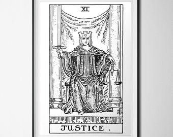 Justice Print, Tarot Card Poster, Rider-Waite, Mystic Decor, Black White Minimalist Decor 8x10 11x14 16x20 18x24 24x30 Equity, Fairness