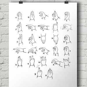 Alphabet Print, Sign Language Print, INSTANT DOWNLOAD, Printable Nursery Decor, Black & White Print, Vintage Illustration, Hand Signs