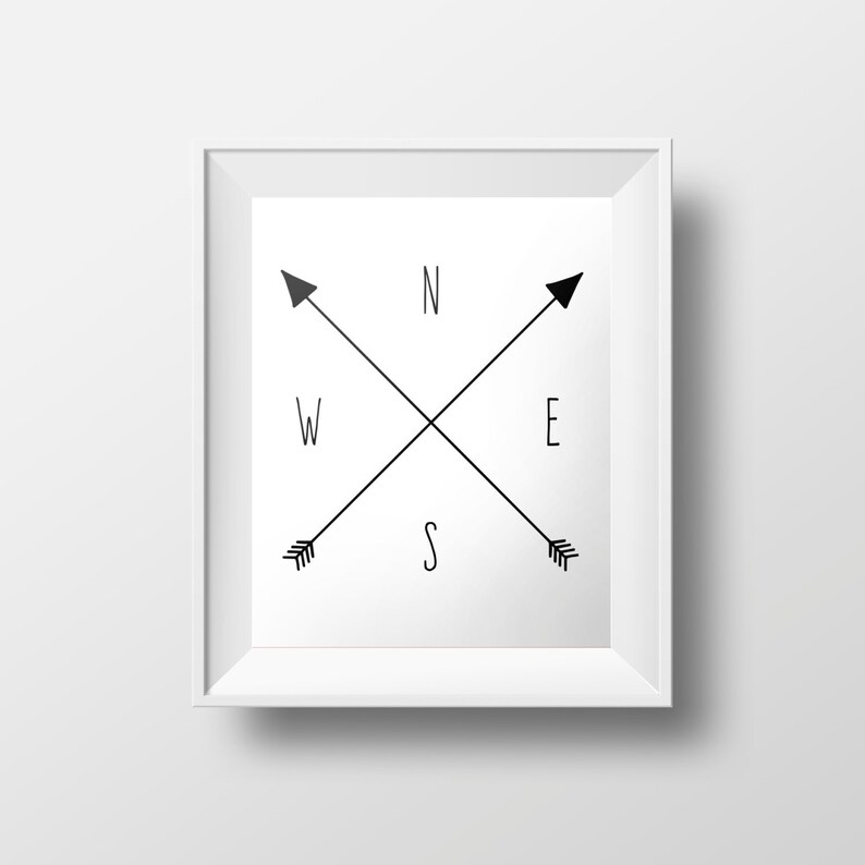 Compass Print North South East West Arrows Instant Black White Modern Home Decor Adventure Art Wander Travel Lover