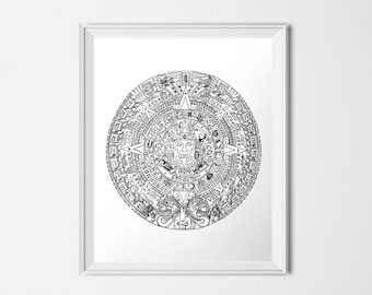 Könnte beinhalten: Gerahmter Schwarz-Weiß-Druck des Aztekenkalenders. Das kreisförmige Design zeigt detaillierte Glyphen und Symbole mit einem zentralen Gesicht. Das Kunstwerk wird in einem weißen Rahmen präsentiert, ideal für die Inneneinrichtung.