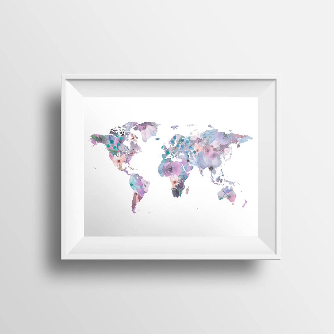 Watercolor Floral World Map Art Print - Etsy