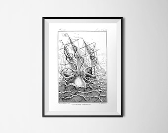 Octopus Print, Nautical Printable, Vintage Kraken 16x20 Poster, INSTANT DOWNLOAD, Sea Creature Print, Ship Print, Giant Octopus, Black White